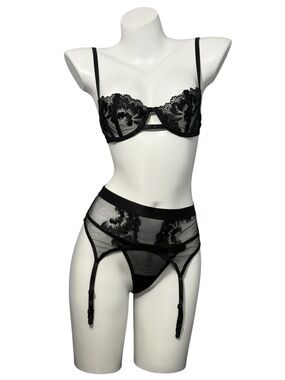 Black Lace Lingerie Set 3pc Sheer Embroidered Bra Garter Belt Thong Boudoir